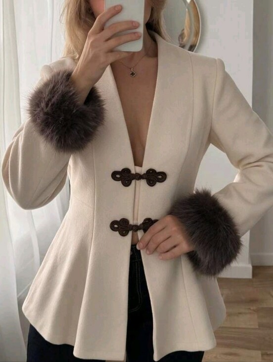 Jackets & Blazers - Women's Elegant Jacket With Frog Button Placket And Faux Fur Cuffs